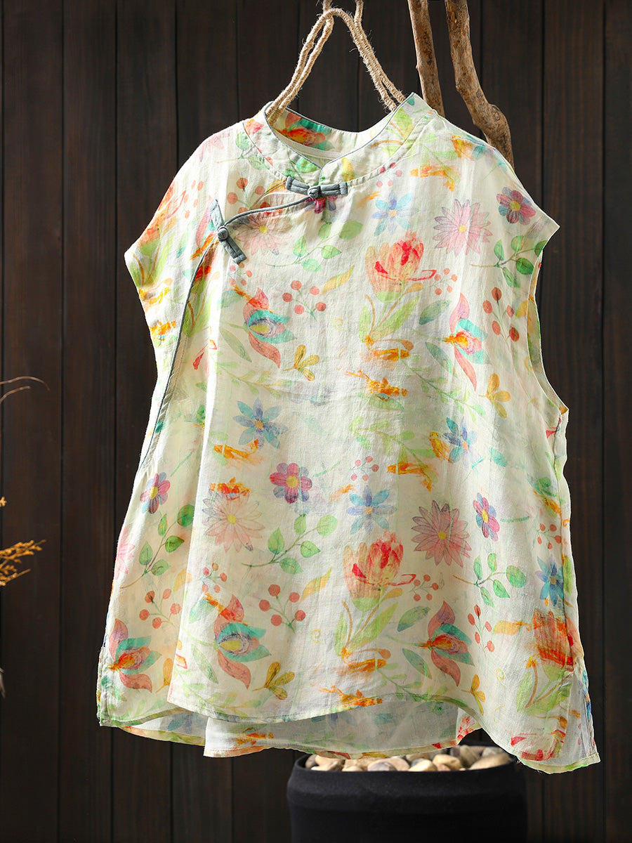 Women Summer Floral 100%Ramie Stand Collar Shirt