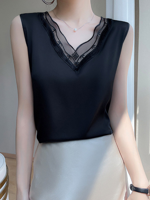 Loose Sleeveless Solid Color Split-Joint V-Neck Vest Top