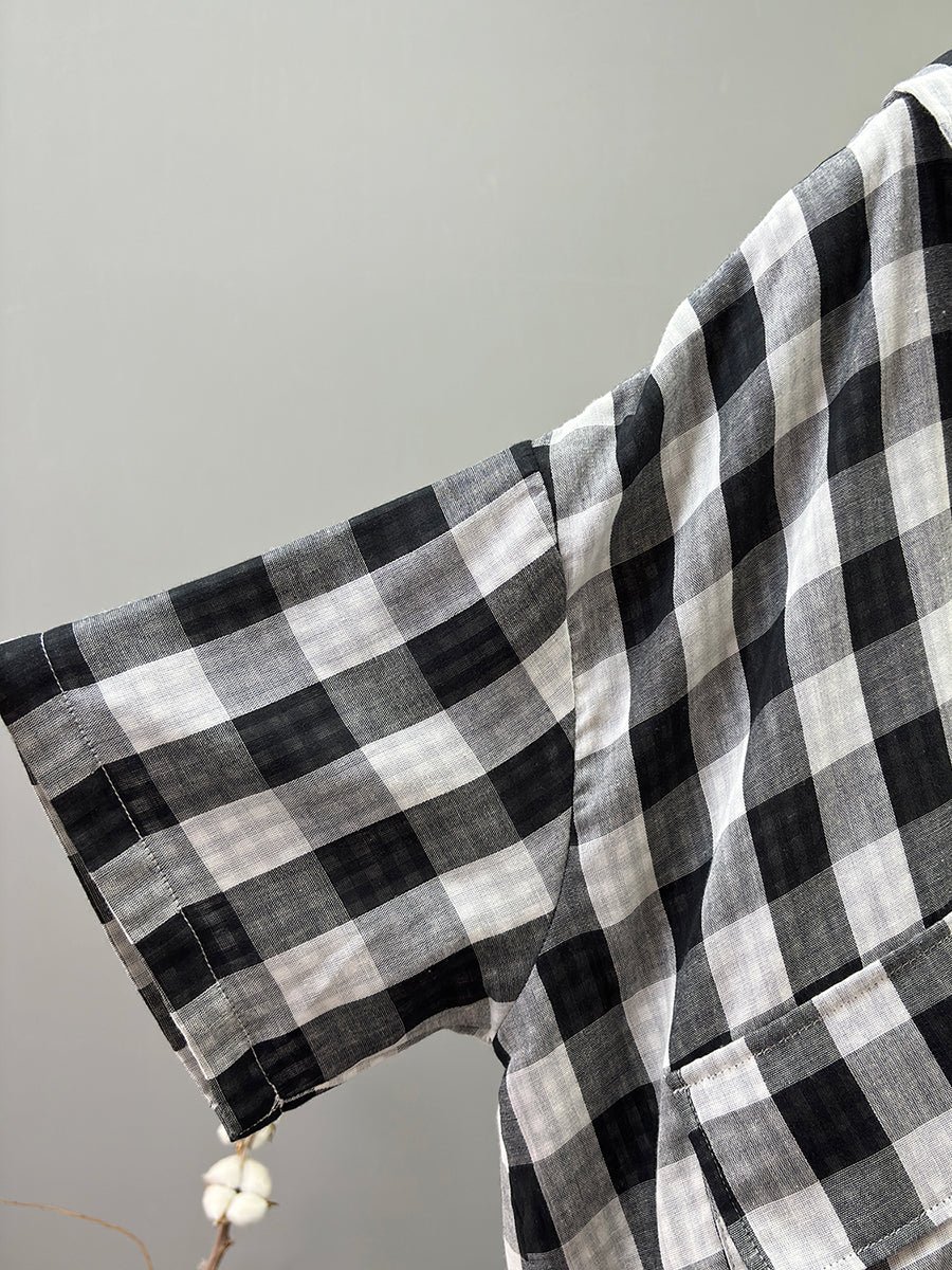 Women Summer Casual 100%Cotton Plaid Turn-down Collar Shirt