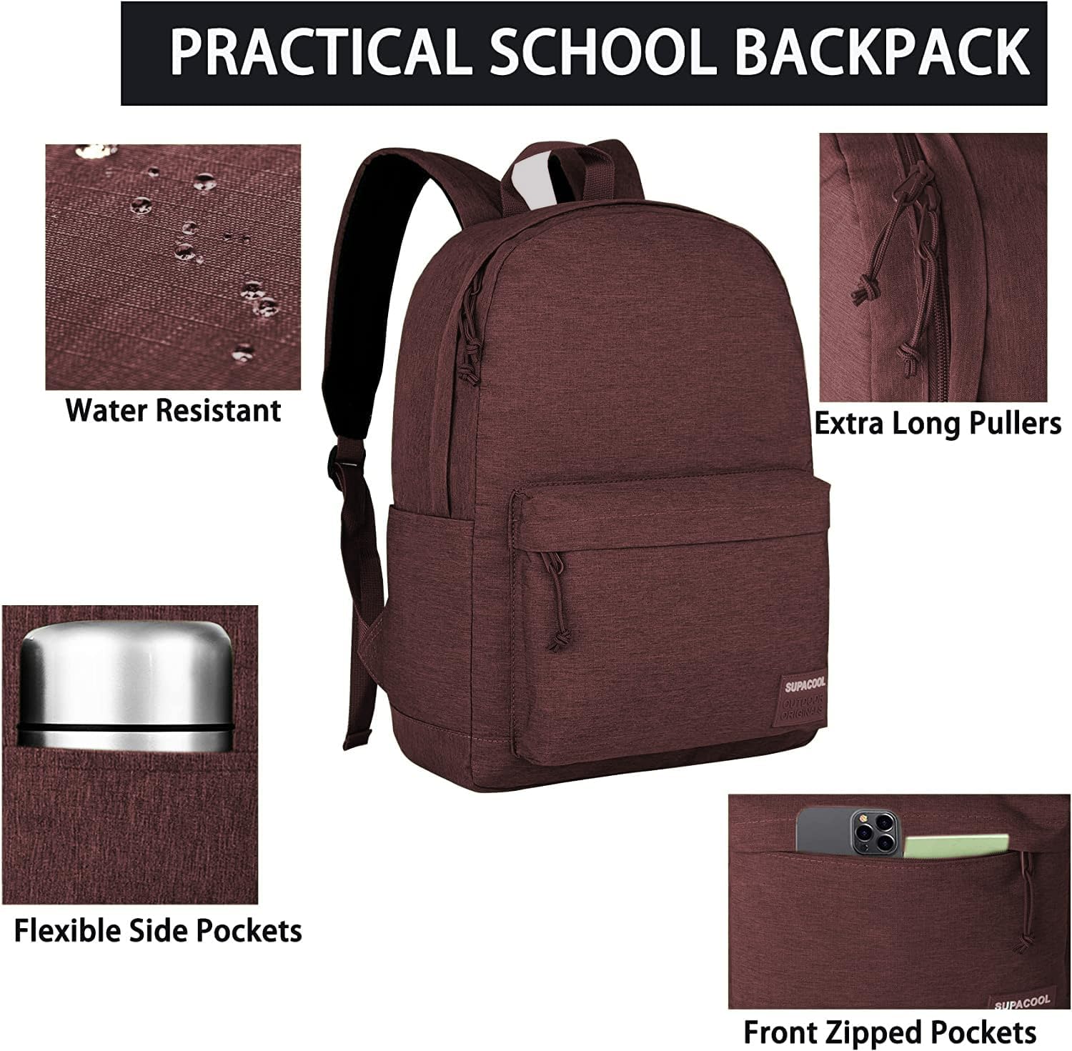 SUPACOOL Casual Laptop Backpack for Men and Women, School Backpack for Boys and Girls, College Bookbag, USB Charging Port, Lightweight Back Pack(Black)