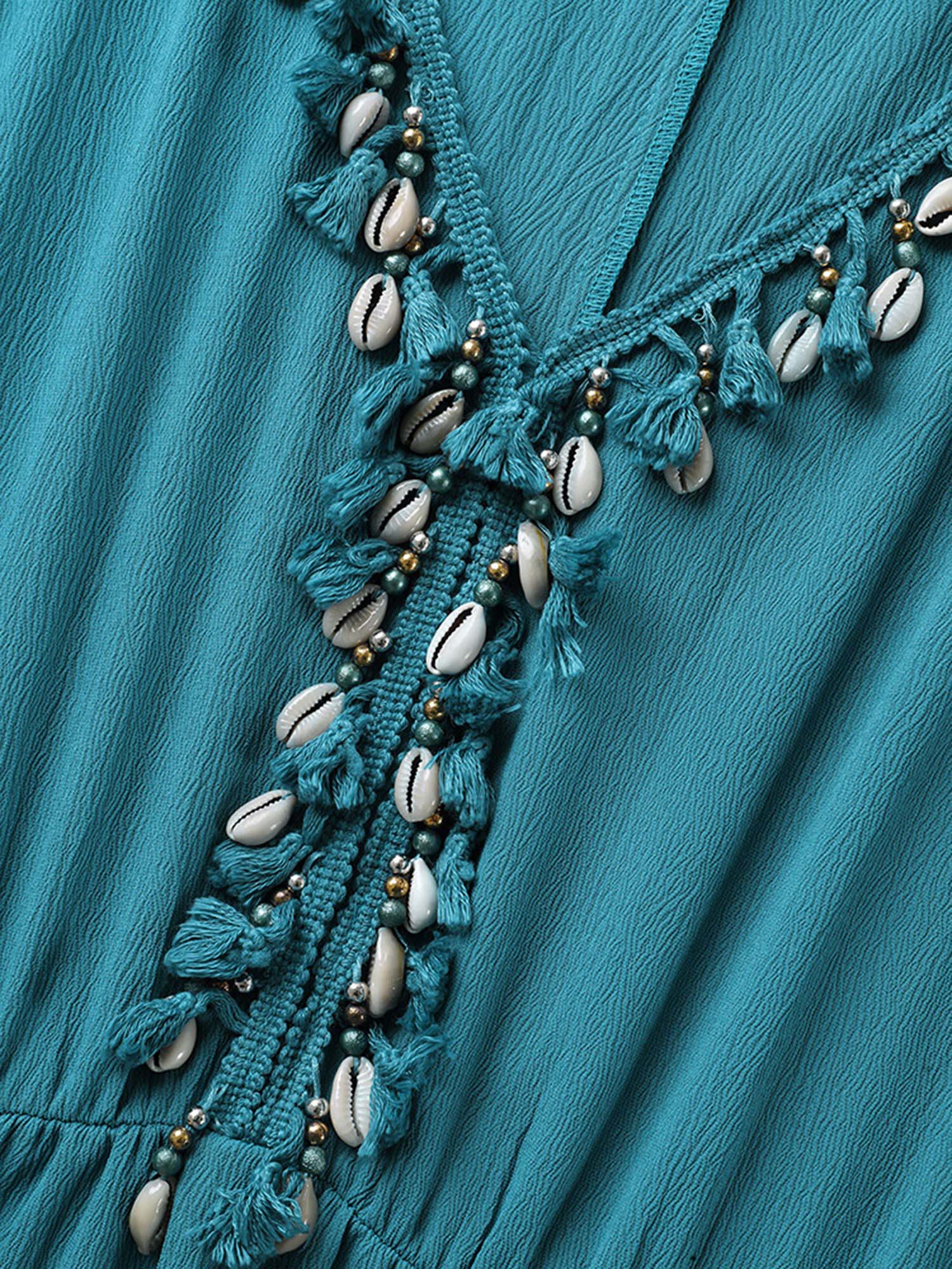Collar Seashells Tassels Tiered Maxi Dress