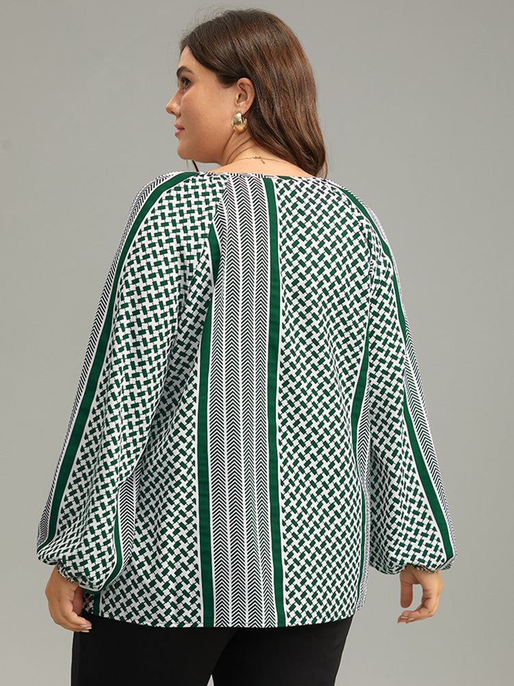 Geo Striped Tie Lantern Sleeve Blouse