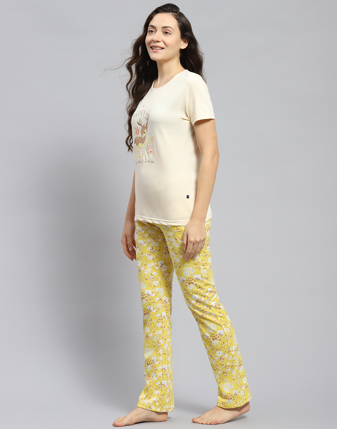 Women Yellow Printed Round Neck Half Sleeve Lower Set