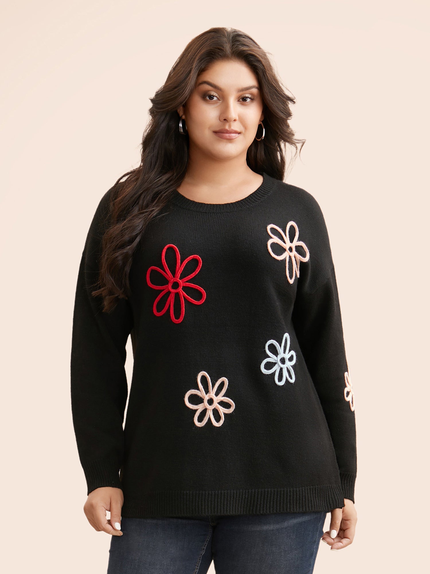 Crochet Floral Crew Neck Pullover