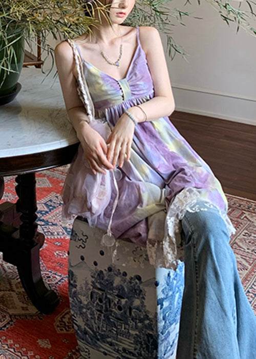 Purple High Waist Cotton Spaghetti Strap Dress V Neck Summer