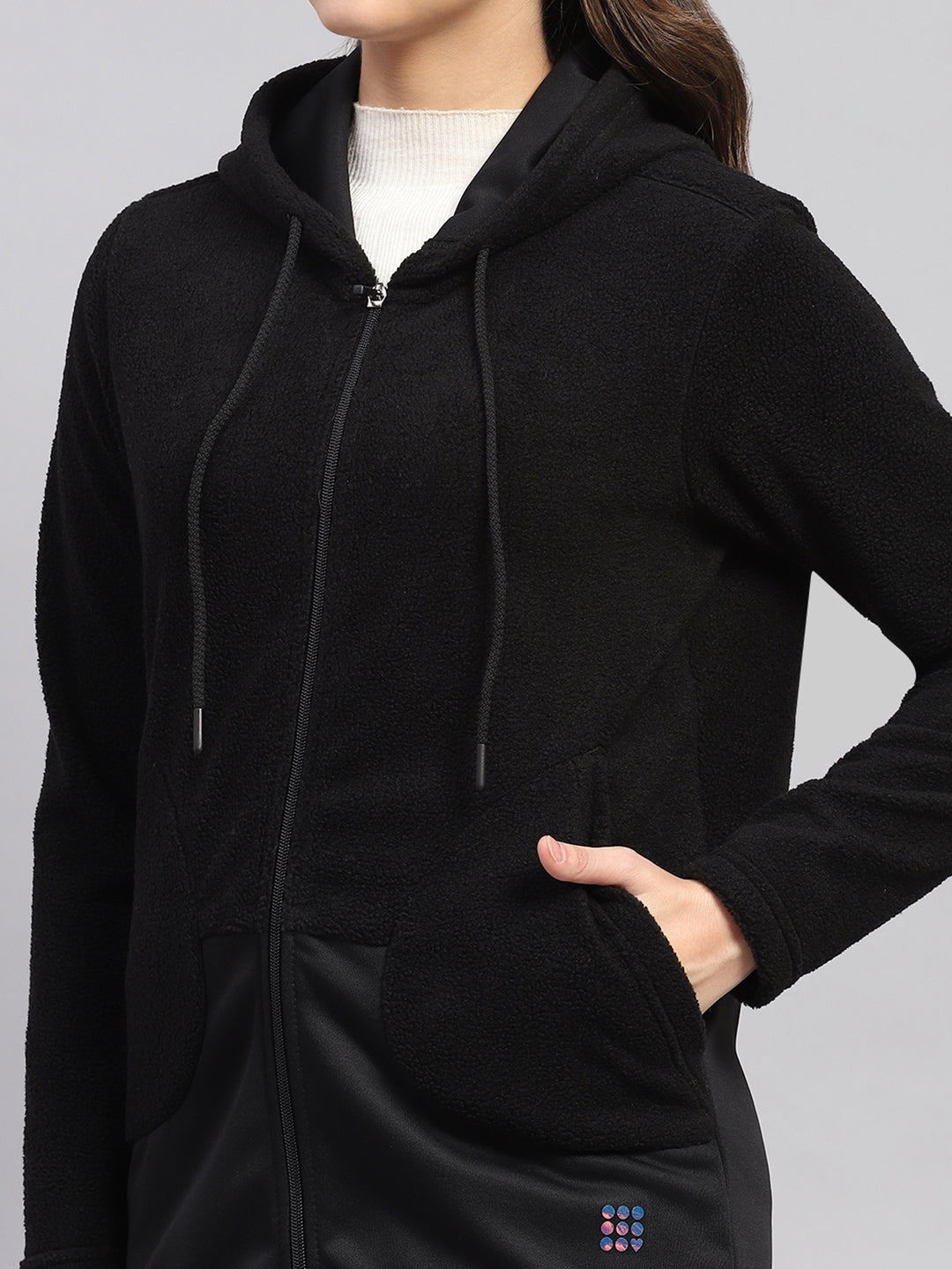 Women Black Solid Hooded Full Sleeve Sweatshirt