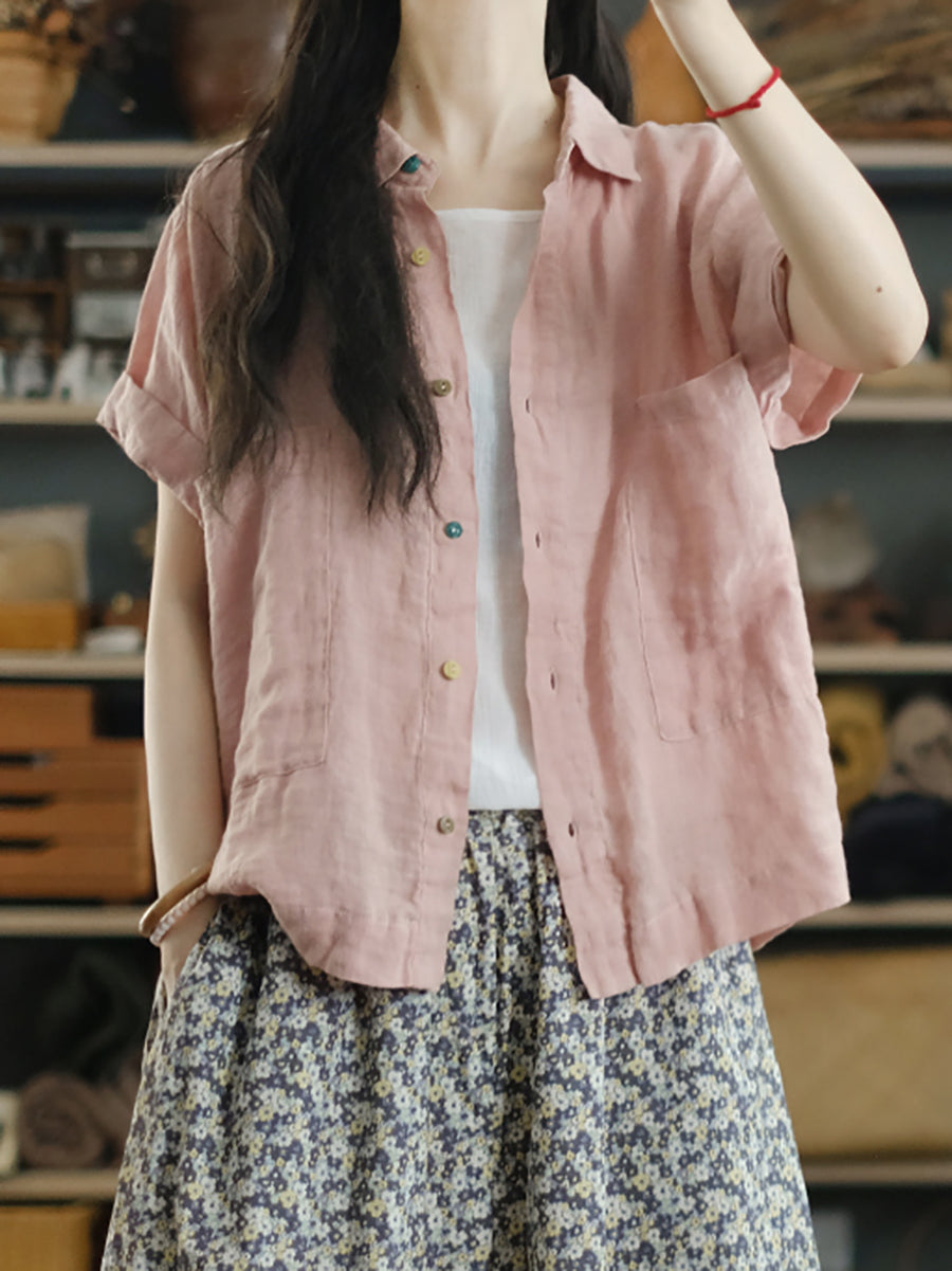 Women Summer Pure Color Turn-down Collar 100%Linen Shirt