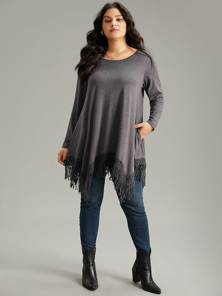 Solid Tassels Trim Pocket Asymmetrical Hem T-shirt