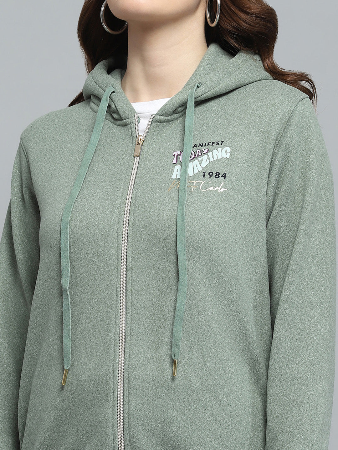 Women Green Printed Hooded Full Sleeve Sweatshirt