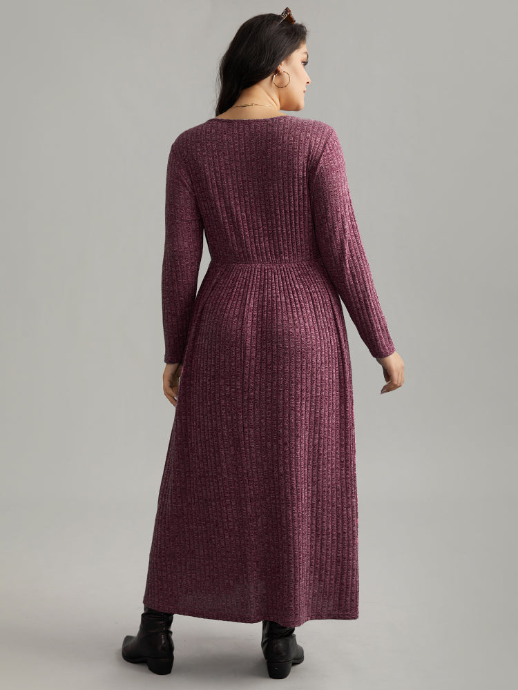 Solid Rib Knit Overlap Collar Pocket Dress