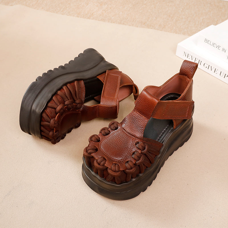 80mm Heel Fashion Chunky Platform T-Strap Cow Leather Sandals in Black/Brown