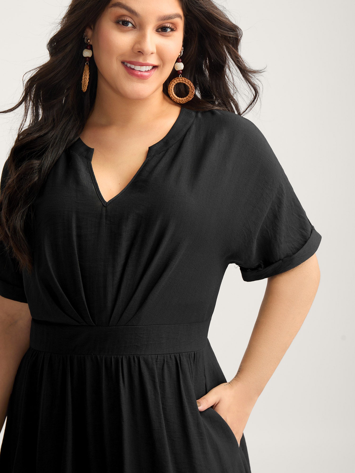 Pleated Cinched Waist Solid Midi Dress