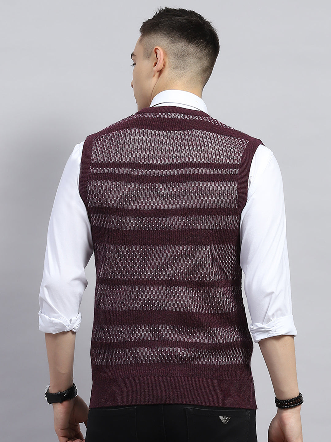 Men Maroon Self Design V Neck Sleeveless Sweater