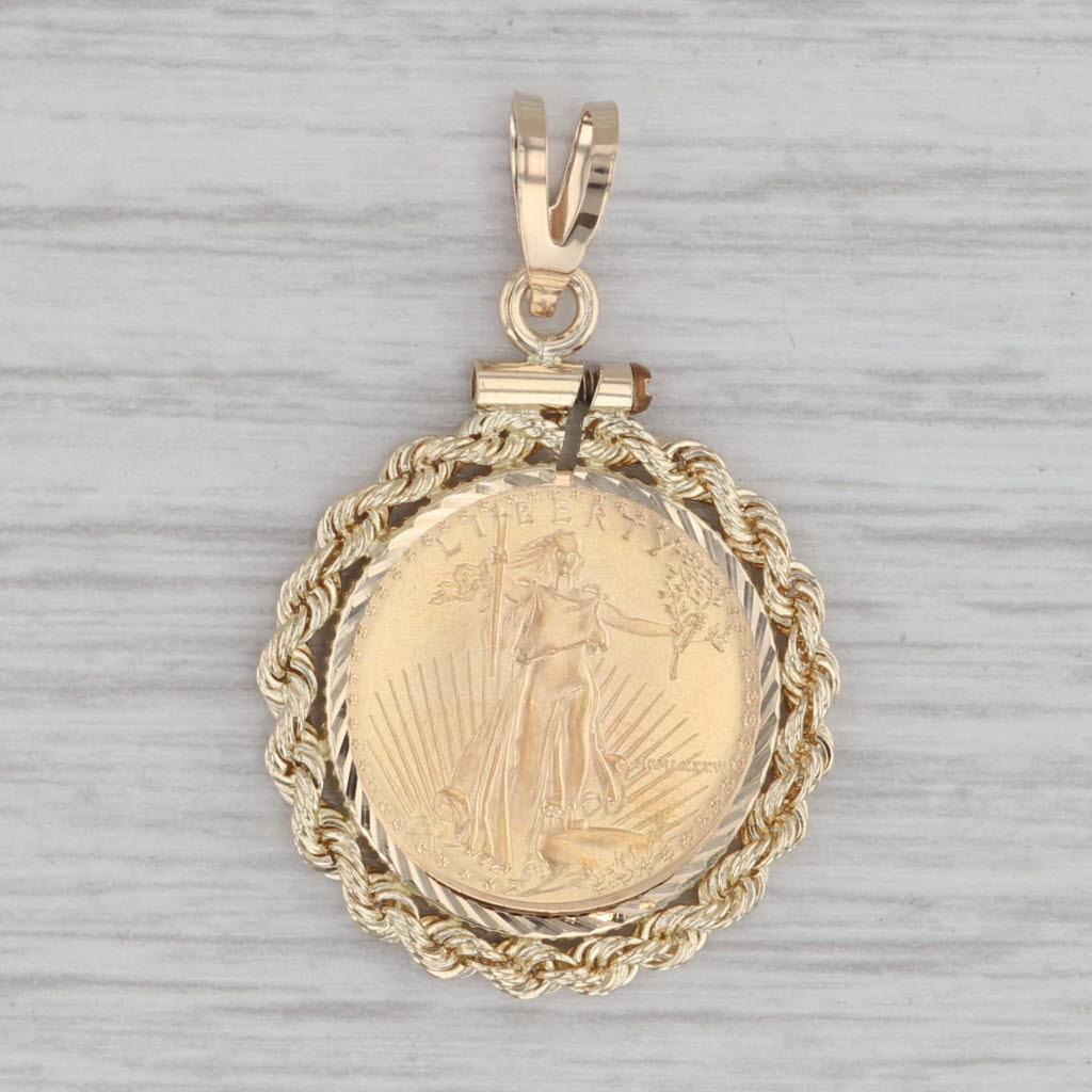 1986 American Gold Eagle Coin Pendant 14k 900 Yellow Gold 1/10th oz 5 Dollar