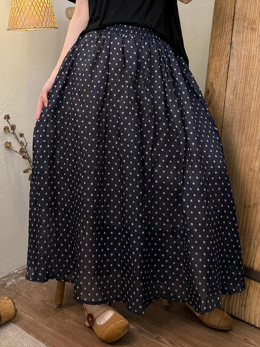 Women Summer Vintage Stripe Dot Ramie Skirt