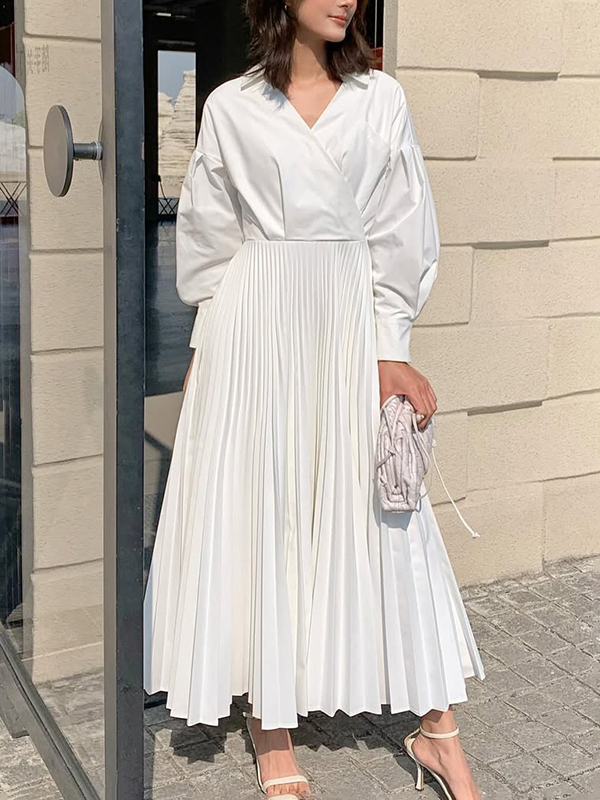 A-Line Long Sleeves Pleated Solid Color V-Neck Maxi Dresses