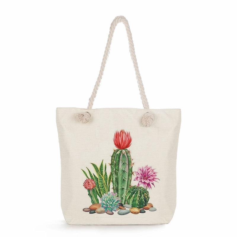 Women's Medium Linen Cactus Vacation Classic Style Square Zipper Tote Bag Beach Bag