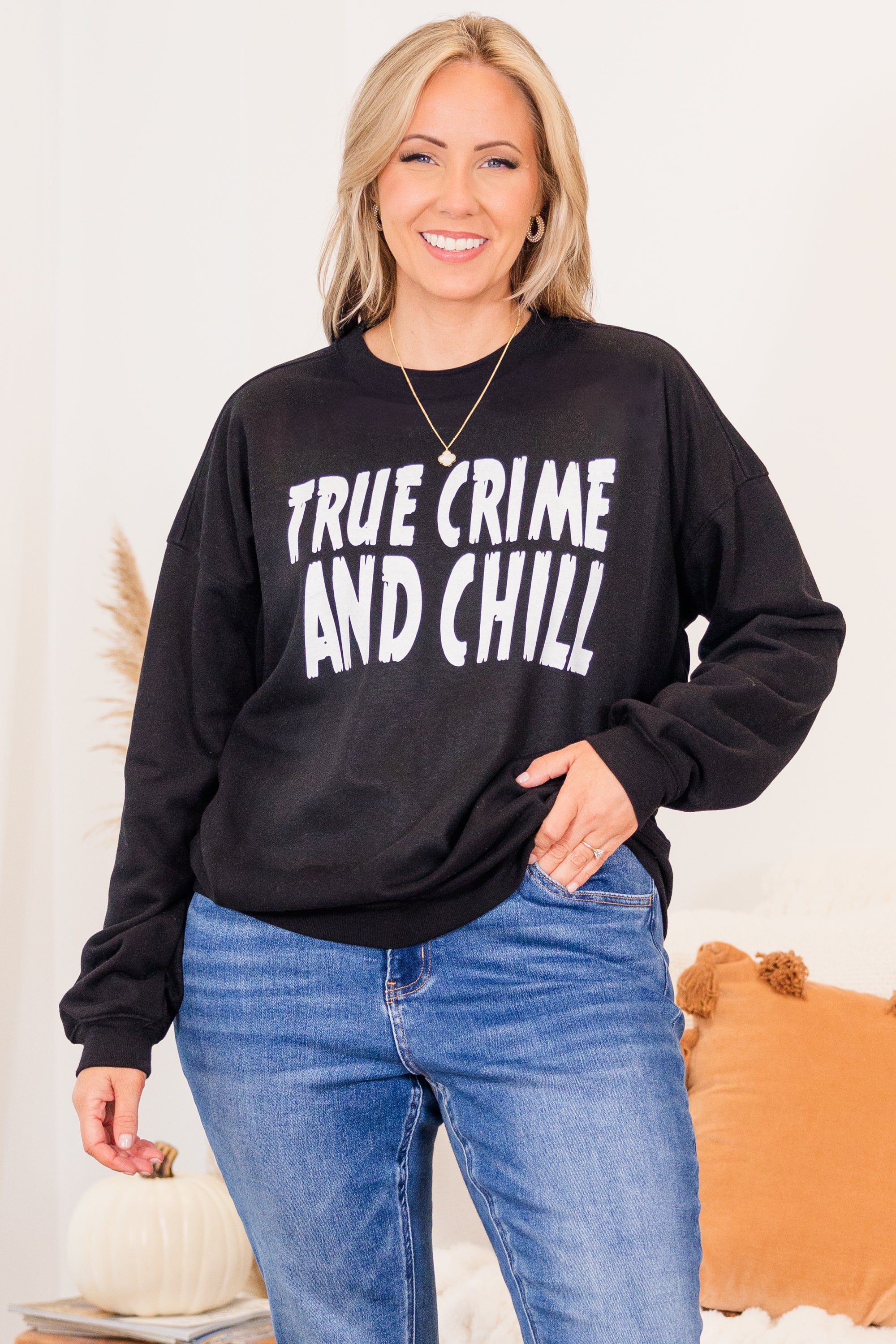 True Crime And Chill Pullover. Black