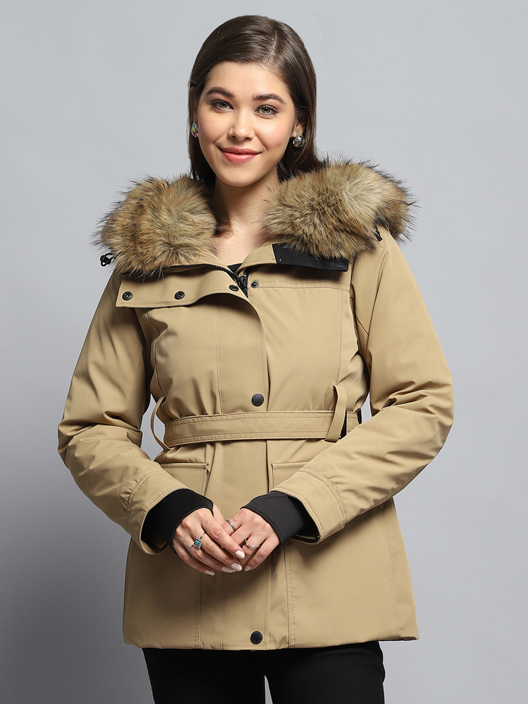 Women Khaki Solid Hooded Full Sleeve Jacket