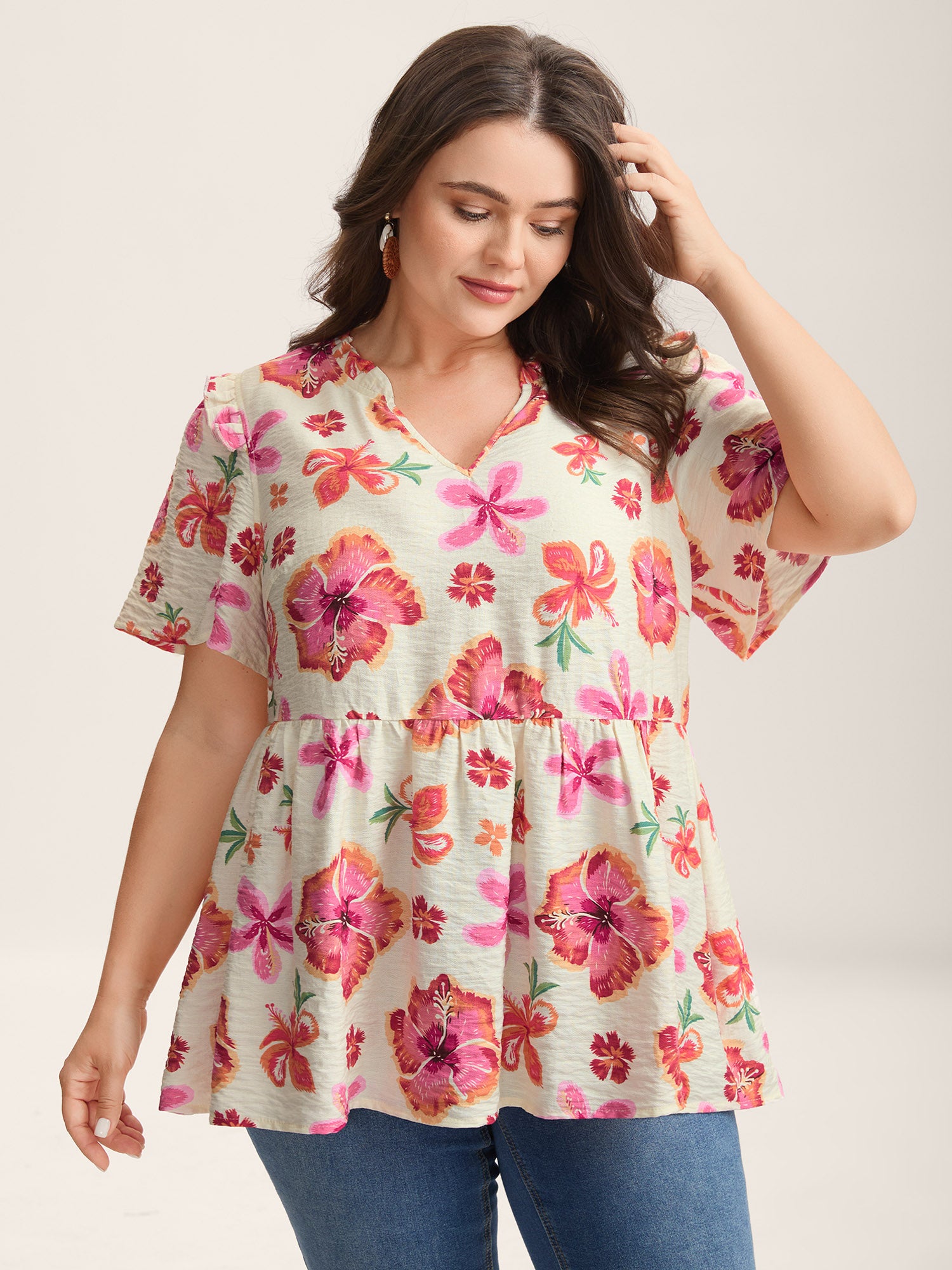 Large Floral Print Notched Collar Blouse