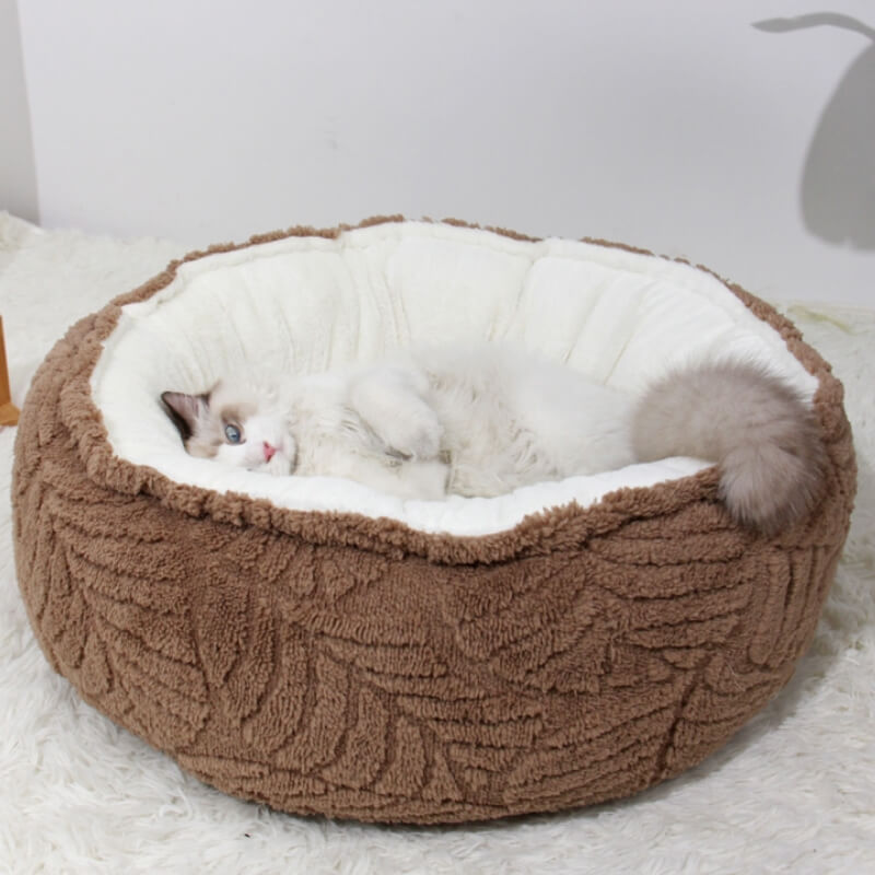 Round Warm Autumn Leaf Dog Calming Bed