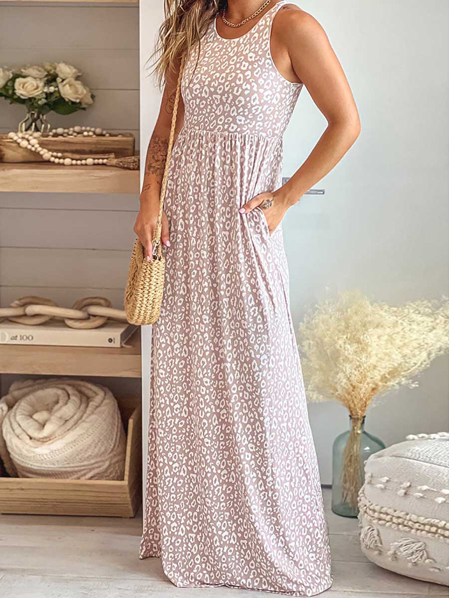 Leopard Print Vest Sleeveless Long Dress