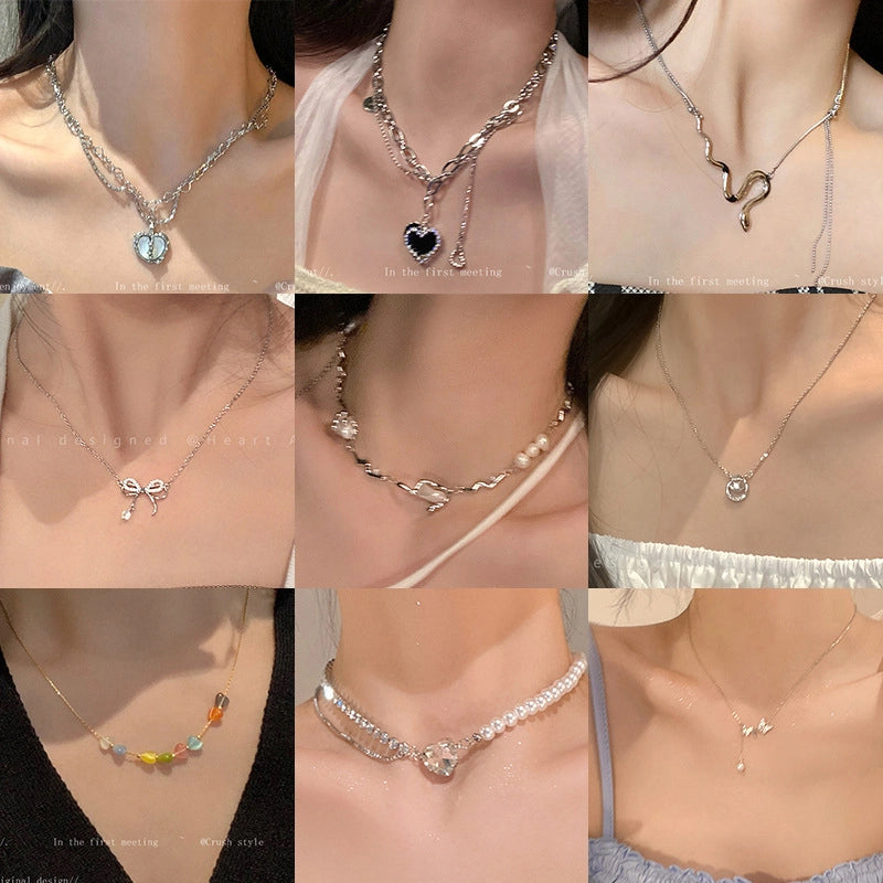 Fashion Heart Shape Titanium Steel Beaded Zircon Layered Necklaces 1 Piece