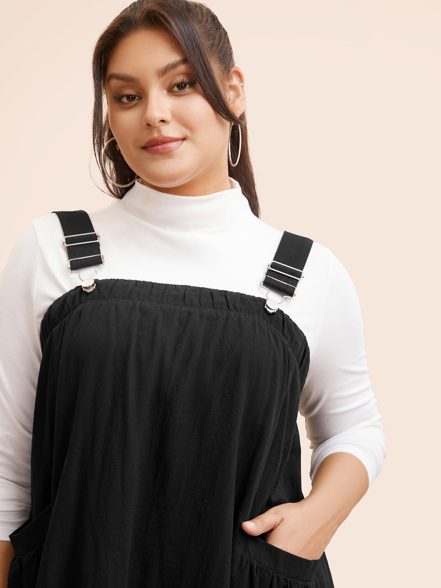 Solid Gathered Adjustable Straps Overall Dress