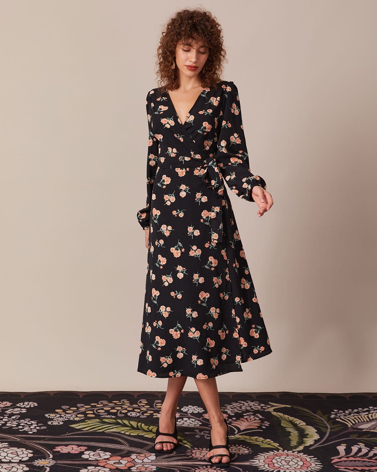 The Black V Neck Floral Wrap Midi Dress