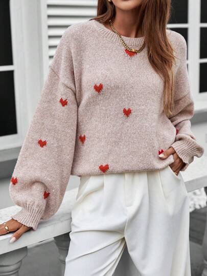 Final Sale⚡4 Packs for $24.98⚡ -Women's Heart Patterned Crew Neck Sweater