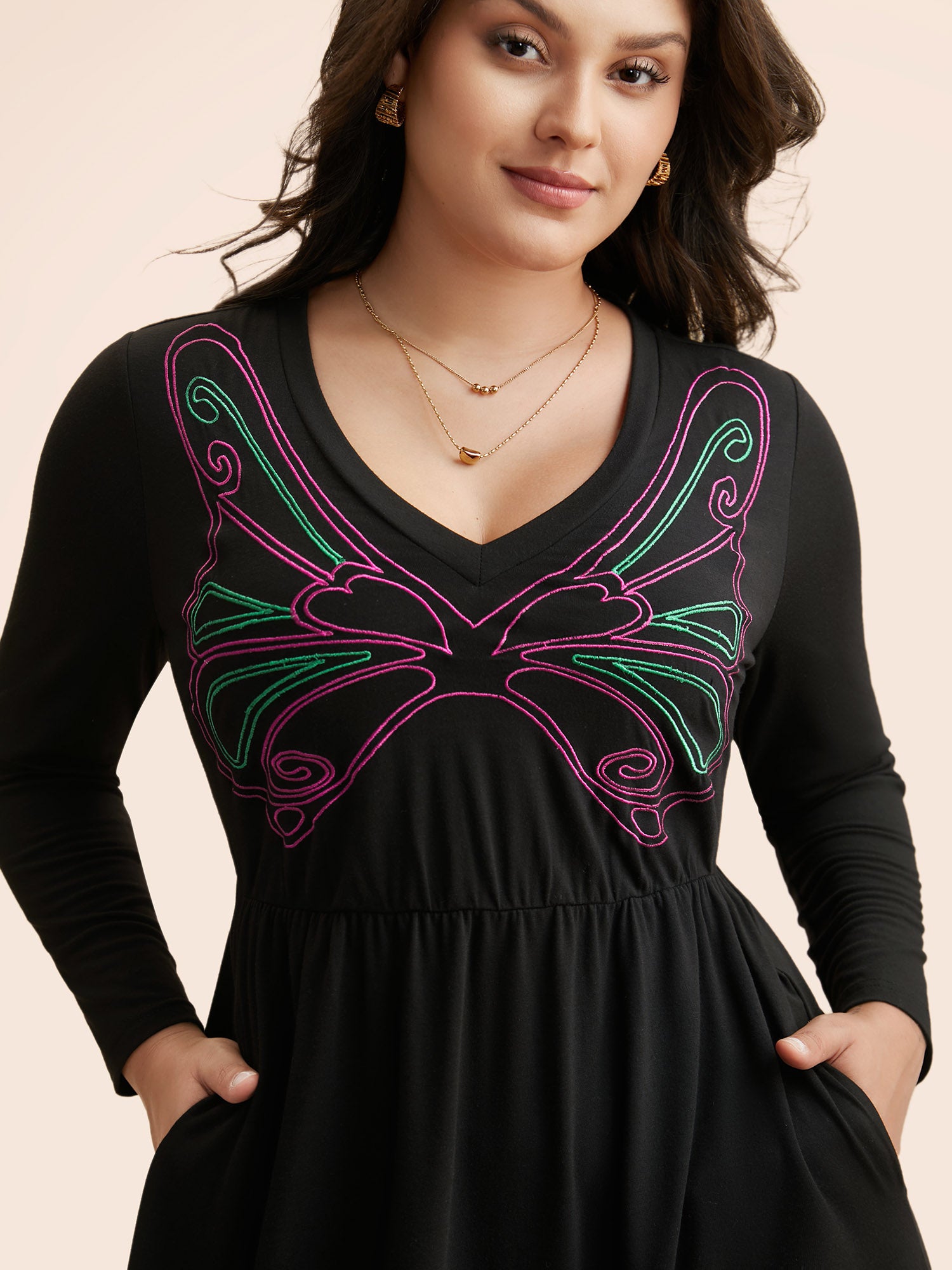 Butterfly Embroidered V Neck Midi Dress