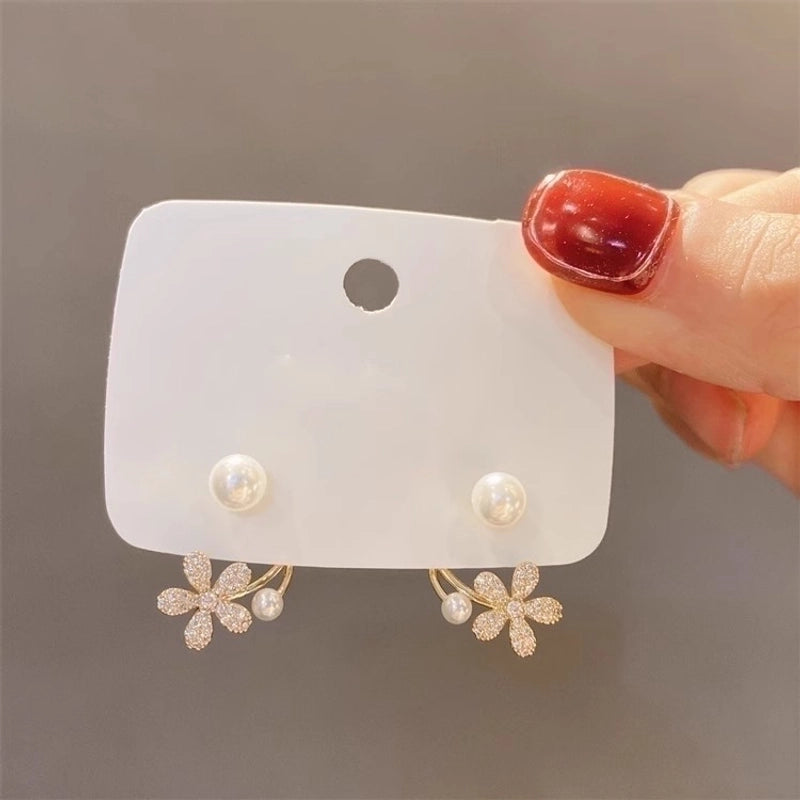 3 Pieces Sweet Heart Shape Rose Flower Inlay Imitation Pearl Alloy Rhinestones Earrings