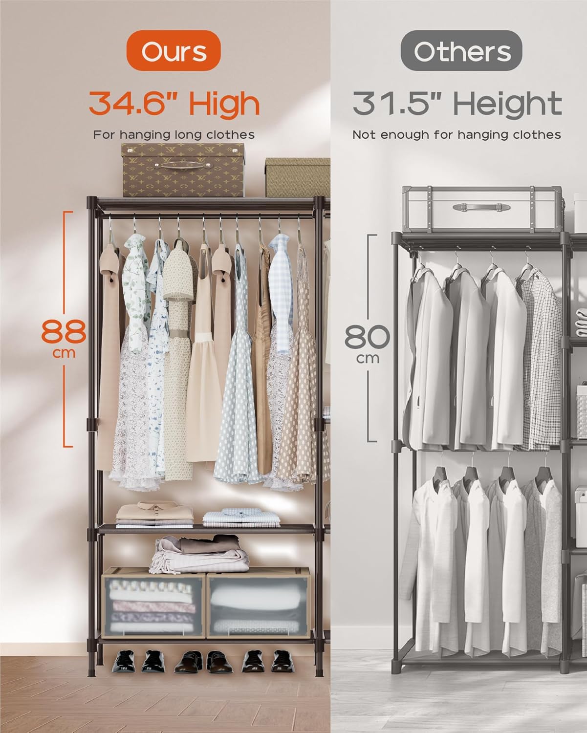 Clothes Rack, Portable Closet, 54.3 Inch Large Capacity Wardrobe Closet, Clothes Storage Organizer with Shelves and 3 Hanging Rods, Easy to Assembly, Black PCT022B01