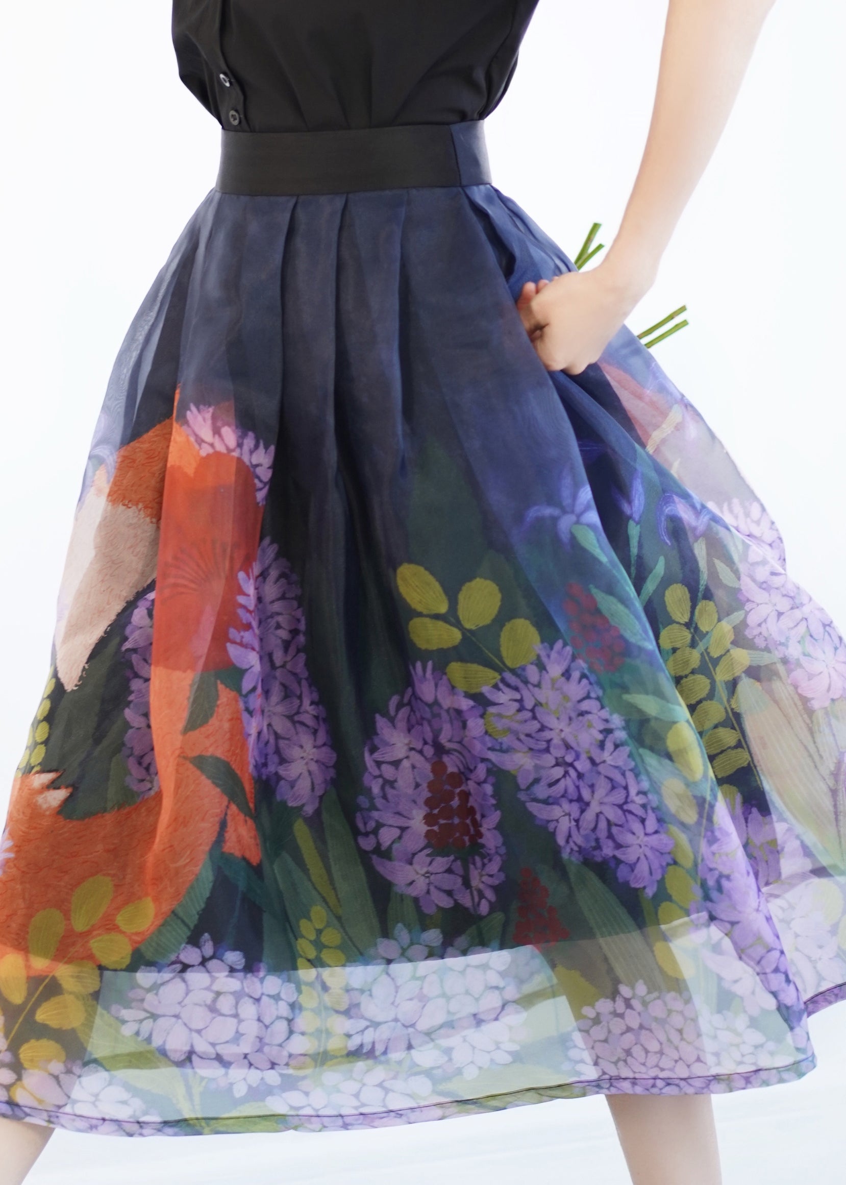 Casual Blue Print Wrinkled Tulle Maxi Skirt