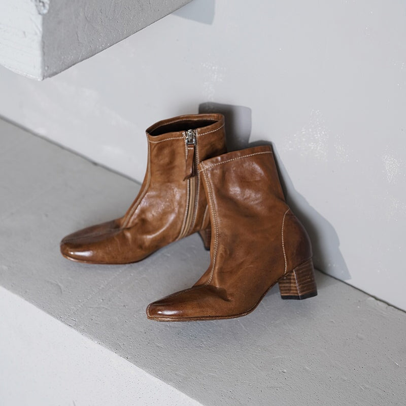 Horse Leather Western Boots Short Boots Side Zip For Women In Black/Brown/Apricot
