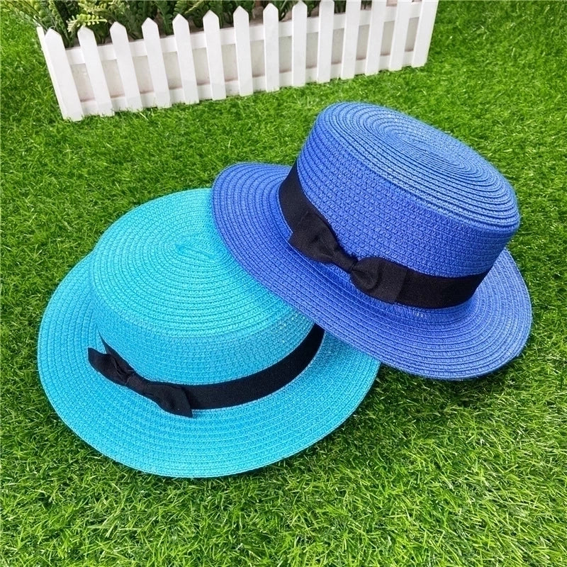 Straw Hat Shading Hat Summer Flat-brimmed Bow Straw Flat Top Hat