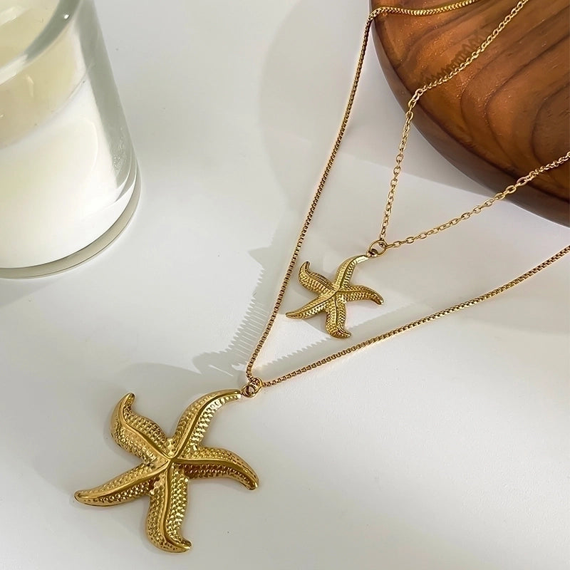 Marine Style Starfish Conch Shell 316L Stainless Steel  18K Gold Plated Pendant Necklace