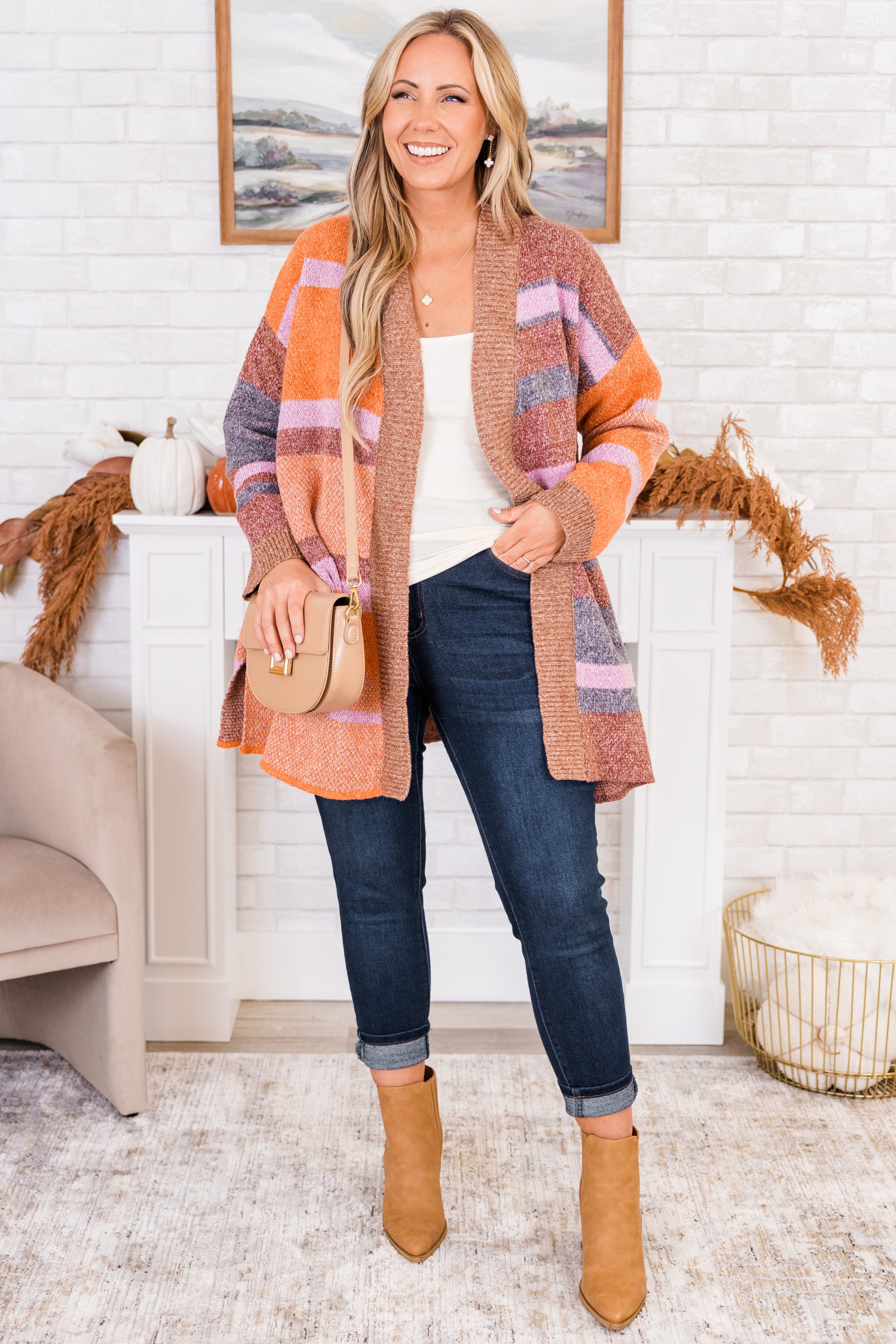 Cocoa Plaid Cardigan. Brown Combo