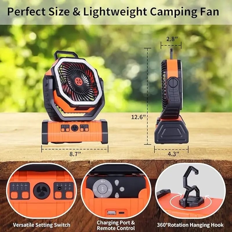 10000mAh Rechargeable Portable Camping Fan with LED Light
