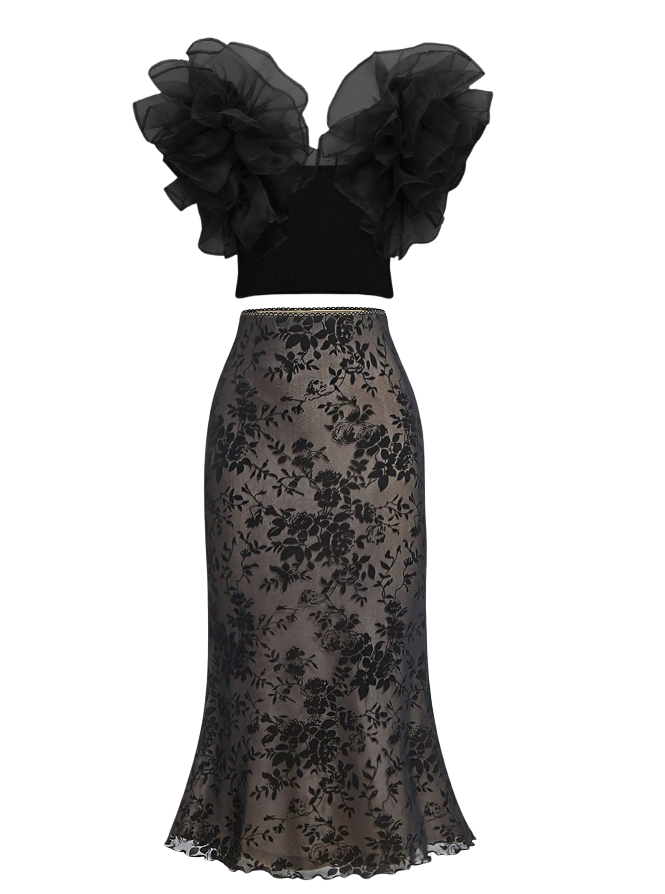 Exaggerated Ruffle Ribbed Top & Mesh Overlay Skirt