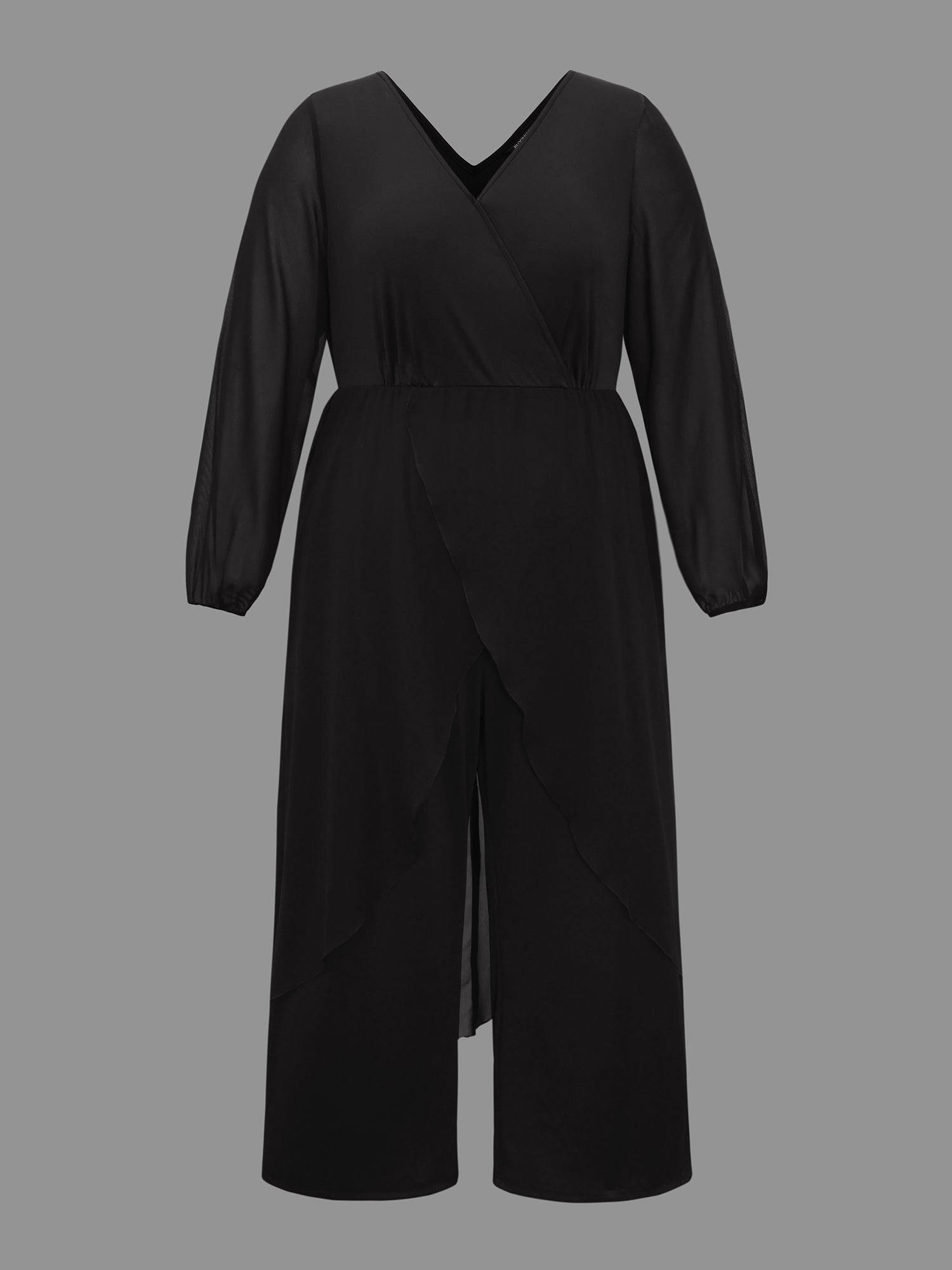 Chiffon Mesh Overlap Collar Gathered Jumpsuit