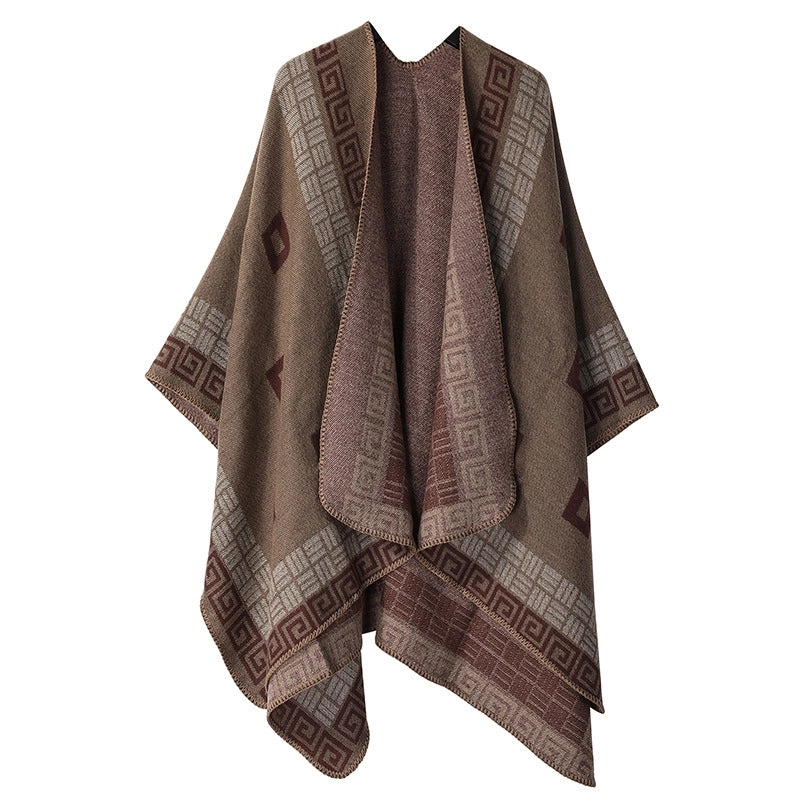 Winter Cashmere Double-sided Plaid Shawl Women's Outer Cape Increased Thickness Warm Knitted Scarf Spot