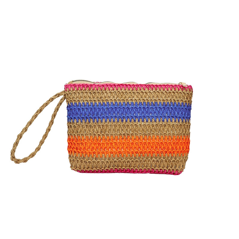 Women's Medium Straw Color Block Solid Color Basic Beach Weave Square Zipper Straw Bag