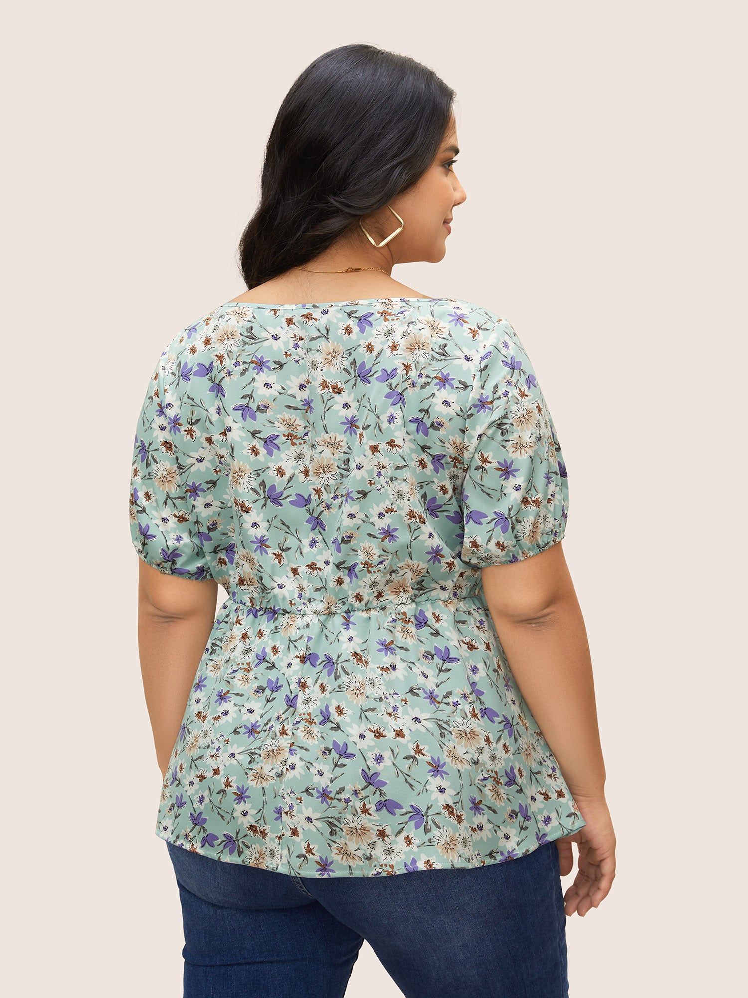 Floral Lace Up Gathered Lantern Sleeve Blouse