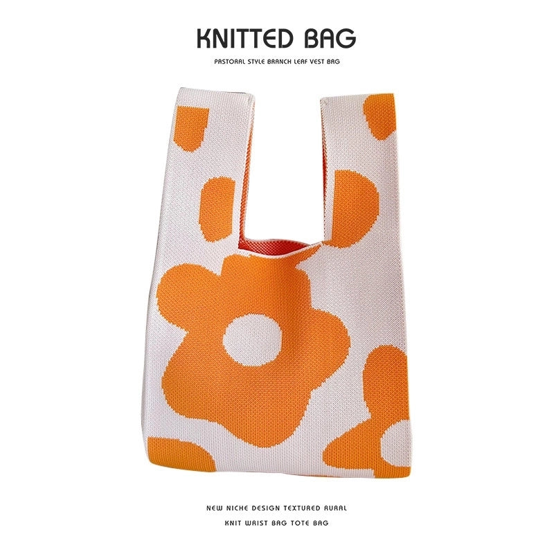 Women's Medium Knit Letter Flower Cute Vintage Style Square Open Handbag