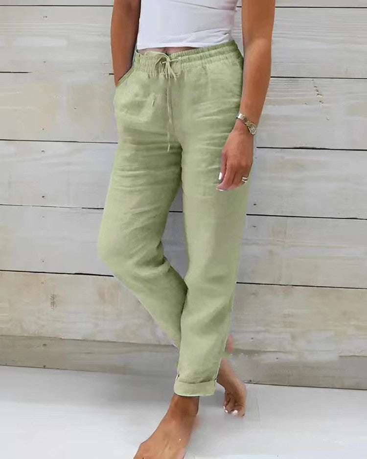 Women's high waist elastic waist solid color cotton and linen casual pants