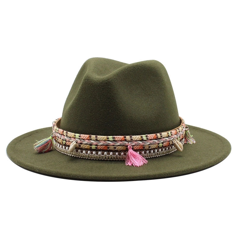 Hot Sale Woolen Hat Tassel Ethnic Style Jazz Hat Retro Flat Brim Big Brim Hat