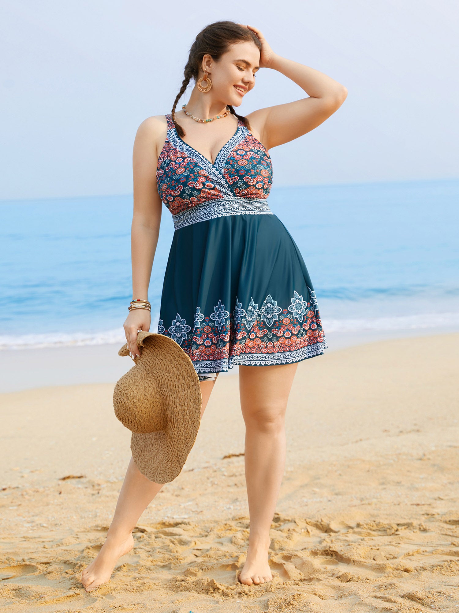 Boho Print Gathered Overlap Collar Swim Dress