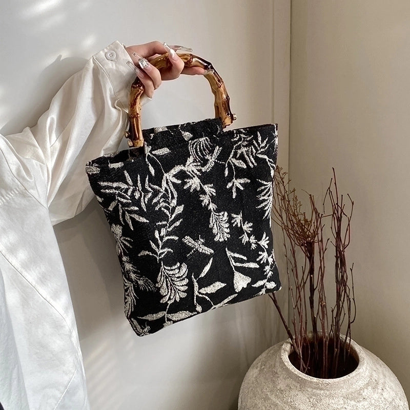 Women's Medium Cotton Leaves Vintage Style Square Magnetic Buckle Handbag