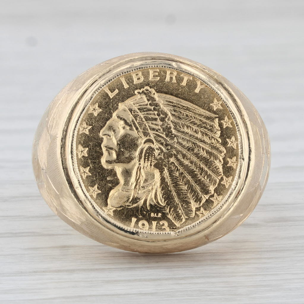 Authentic 1913 2.50 Indian Head Coin Ring 14k 900 Yellow Gold Size 11.5 Men's